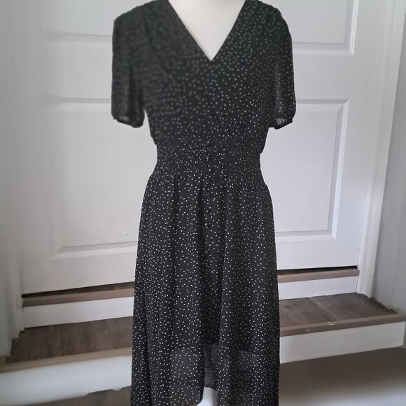 FASHION Polka Dots  V-Neck Midi Short Sleeve Boho High Low Hem Dress Sz M NWT - Picture 1 of 11